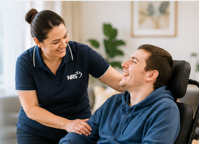 Support worker assisting a person in a warm, respectful setting